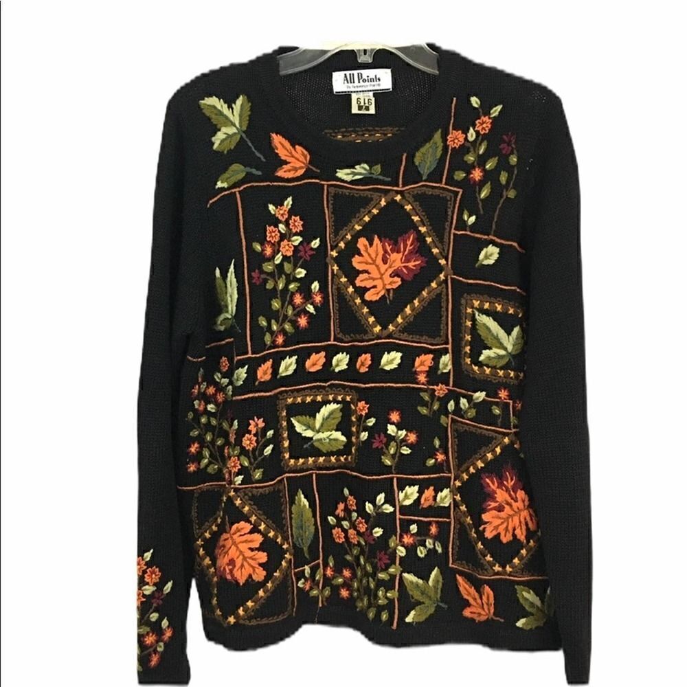 Vintage All Points Fall Leaves Embroidered Sweater Size Medium